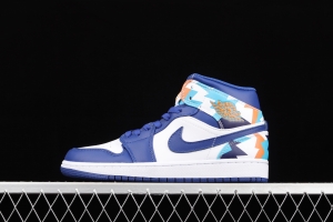 Air Jordan 1 Mid geometrical white and blue Zhongbang basketball shoes 555112-105